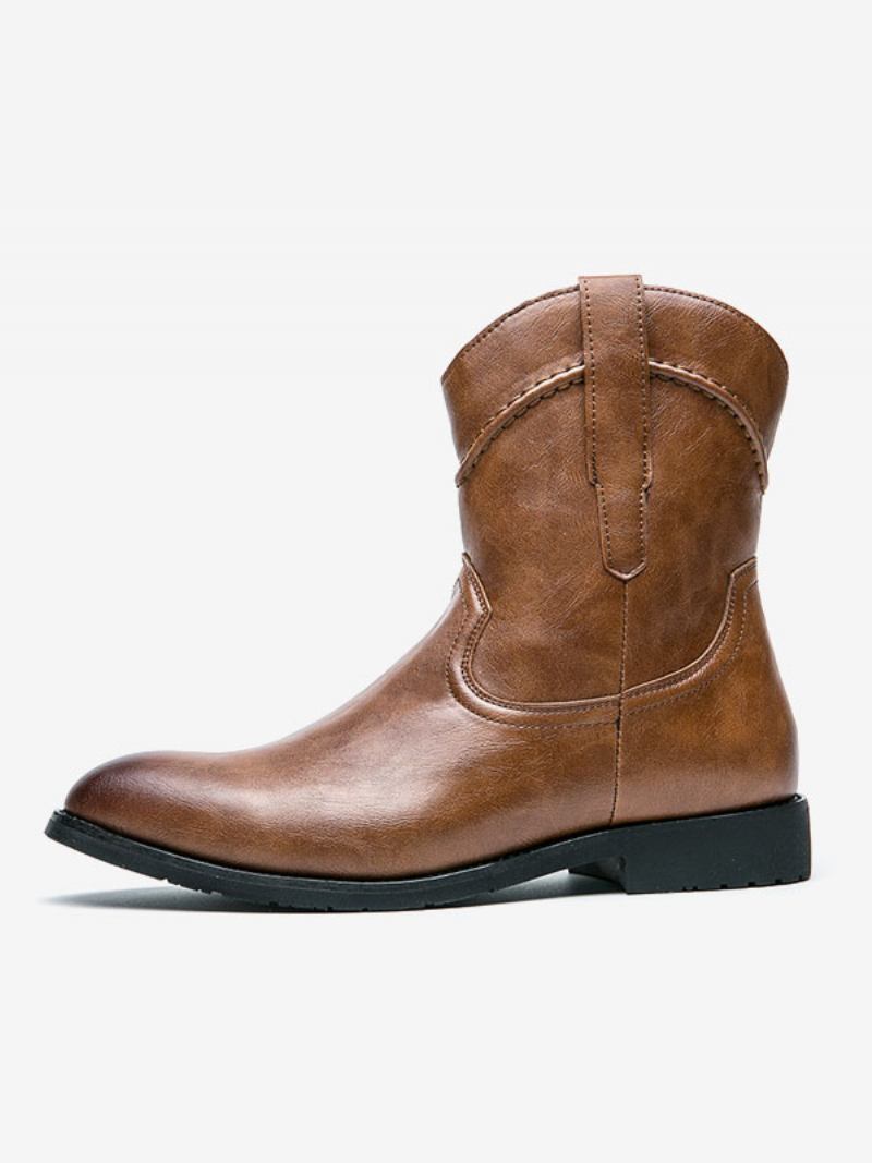 Botas Masculinas Cowboy Amarelo Couro Pu Bico Fino Bordado - Amarelo