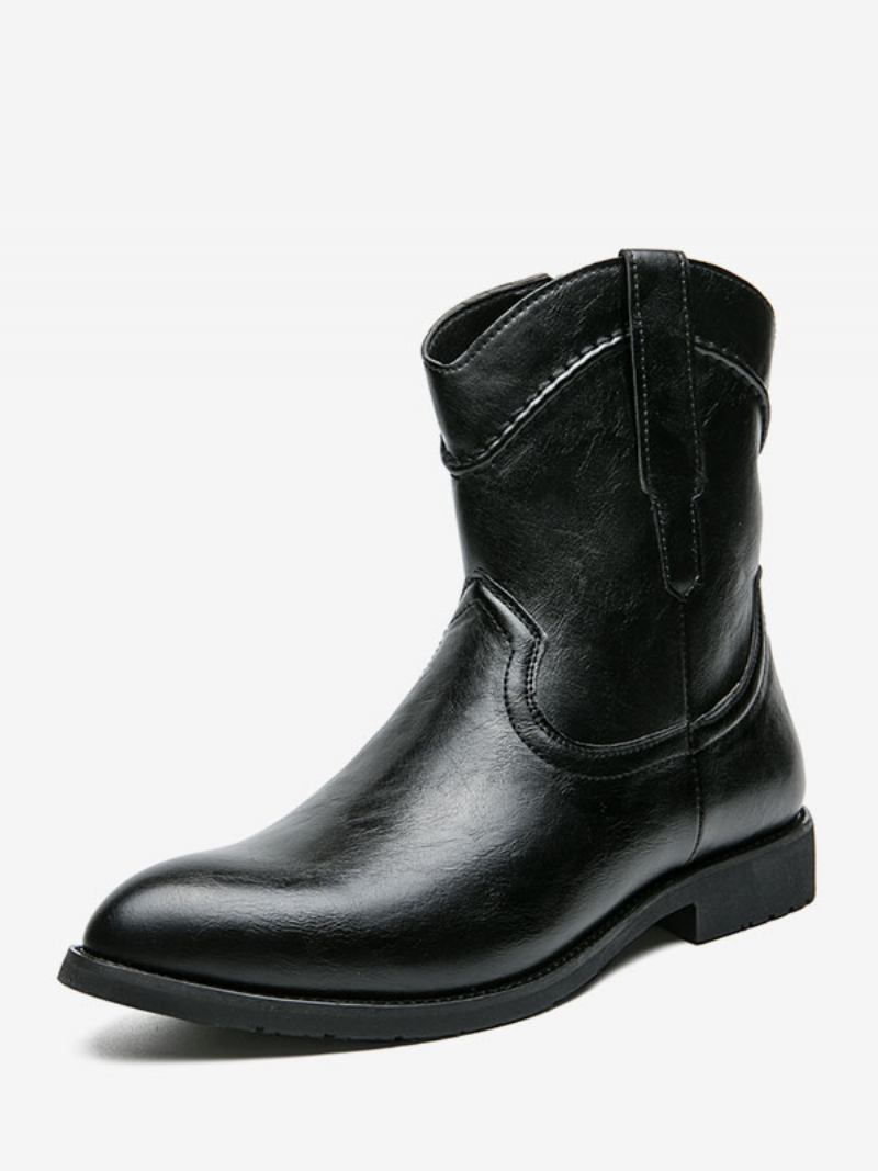 Botas Masculinas Cowboy Amarelo Couro Pu Bico Fino Bordado - Preto