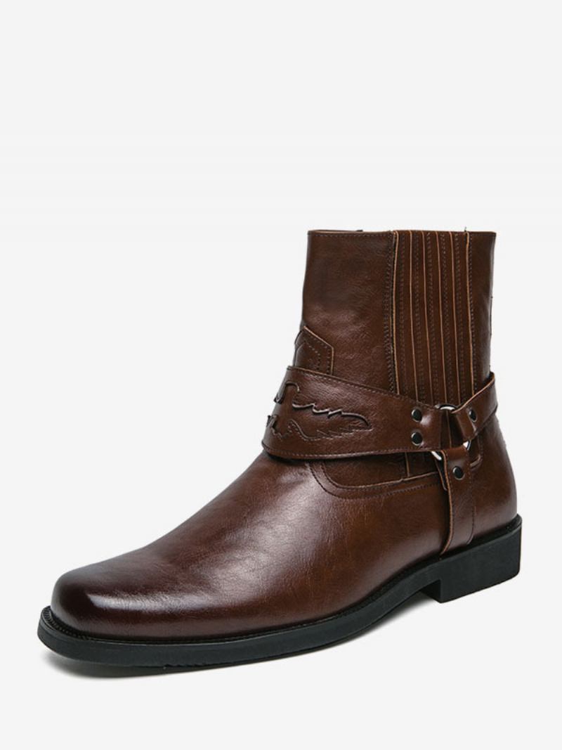 Botas Masculinas Cowboy Amarelo Couro Pu Bico Redondo Bordado - Castanho Café