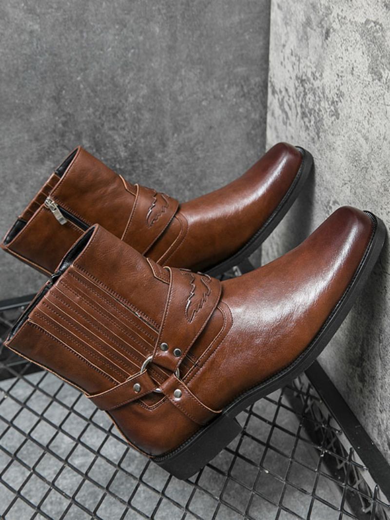 Botas Masculinas Cowboy Amarelo Couro Pu Bico Redondo Bordado - Castanho Café