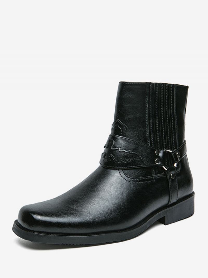 Botas Masculinas Cowboy Amarelo Couro Pu Bico Redondo Bordado - Preto