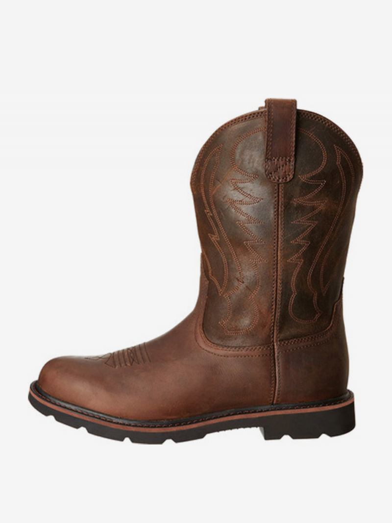 Botas Masculinas Cowboy Chocolate Pu Couro Cano Médio Com Bico Redondo - Café Marrom