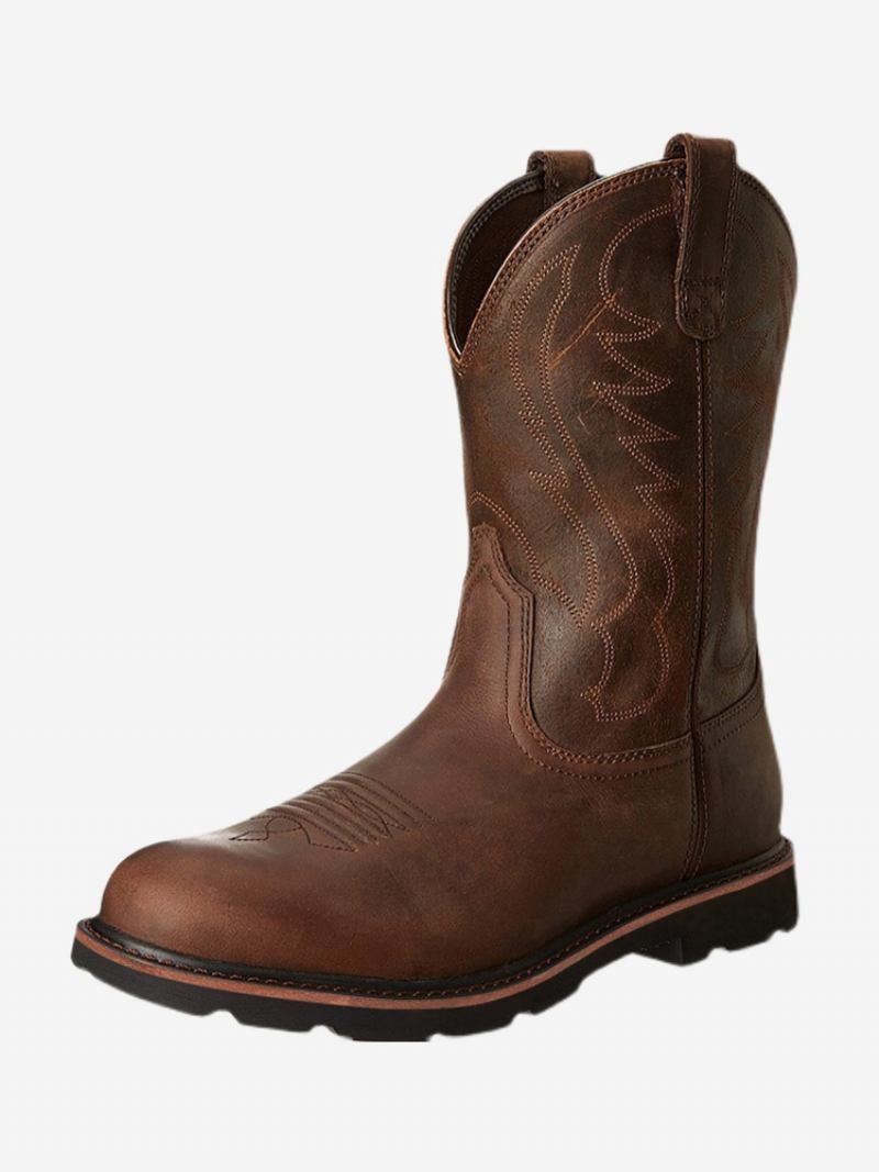 Botas Masculinas Cowboy Chocolate Pu Couro Cano Médio Com Bico Redondo - Café Marrom