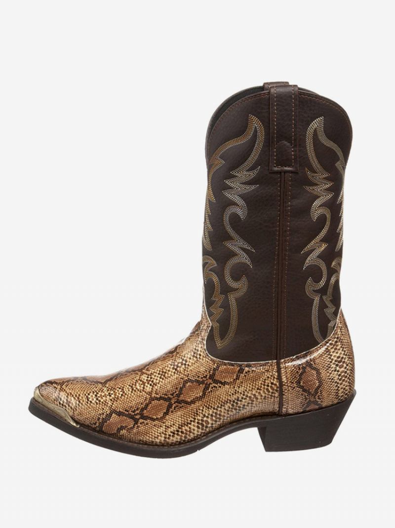 Botas Masculinas Cowboy Douradas Couro Pu Bico Fino Meia Panturrilha - Ouro