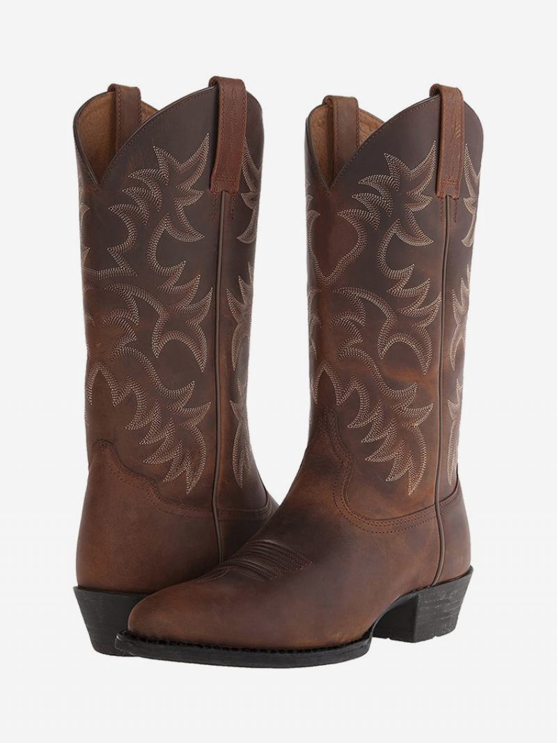 Botas Masculinas Cowboy Marrom Café Couro Pu Bico Fino - Café Marrom