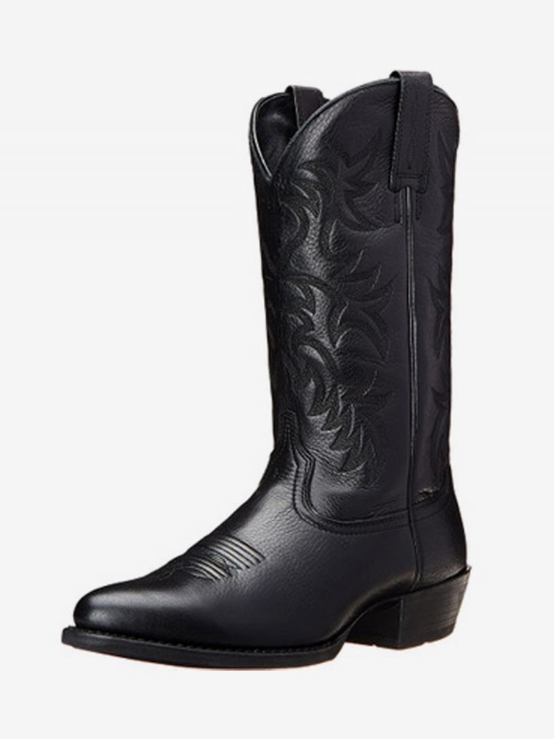 Botas Masculinas Cowboy Marrom Café Couro Pu Bico Fino - Preto