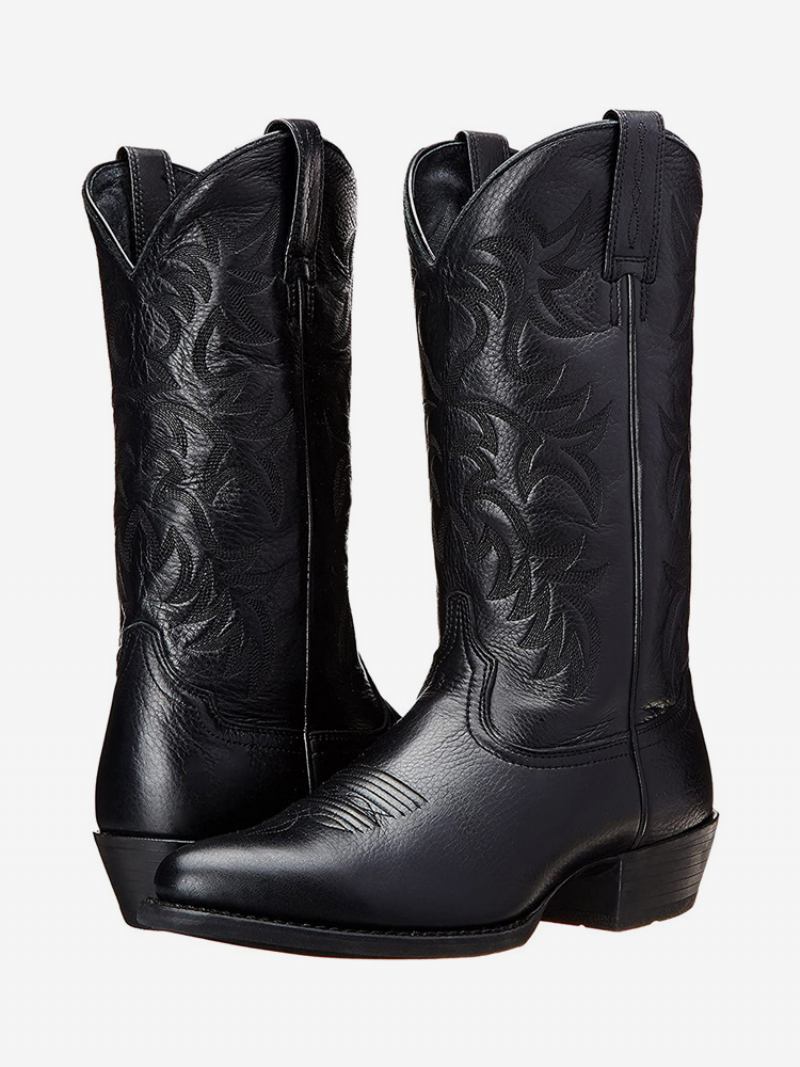 Botas Masculinas Cowboy Marrom Café Couro Pu Bico Fino - Preto