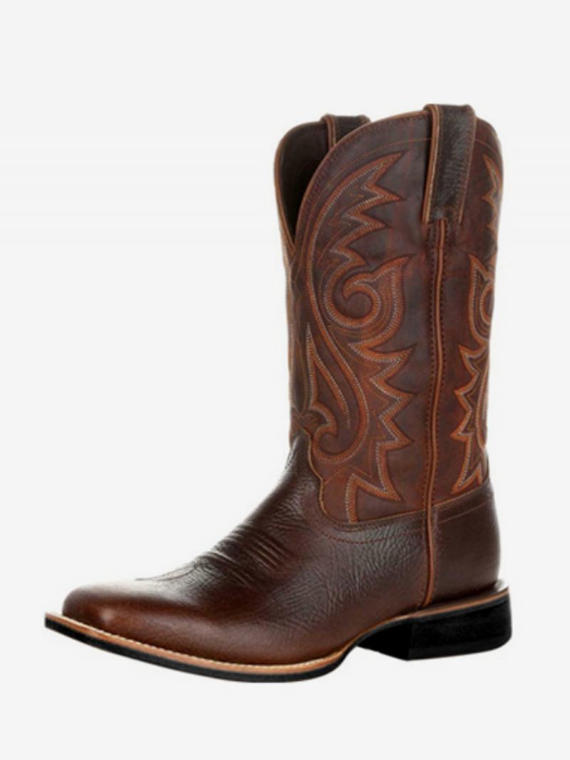 Botas Masculinas Cowboy Marrom Café Couro Pu Bico Fino Meia Panturrilha