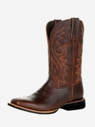 Botas Masculinas Cowboy Marrom Café Couro Pu Bico Fino Meia Panturrilha