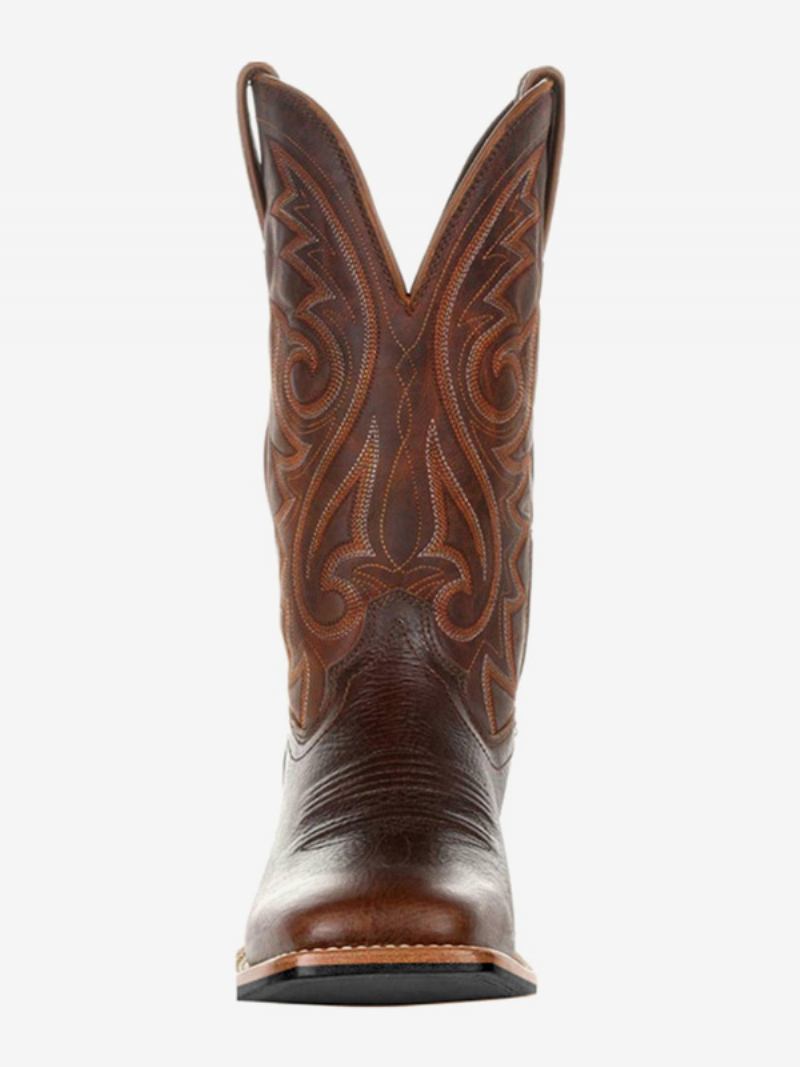 Botas Masculinas Cowboy Marrom Café Couro Pu Bico Fino Meia Panturrilha - Café Marrom