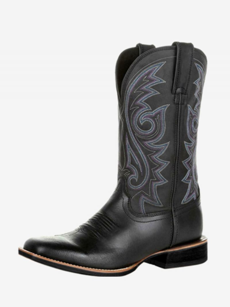 Botas Masculinas Cowboy Marrom Café Couro Pu Bico Fino Meia Panturrilha - Preto