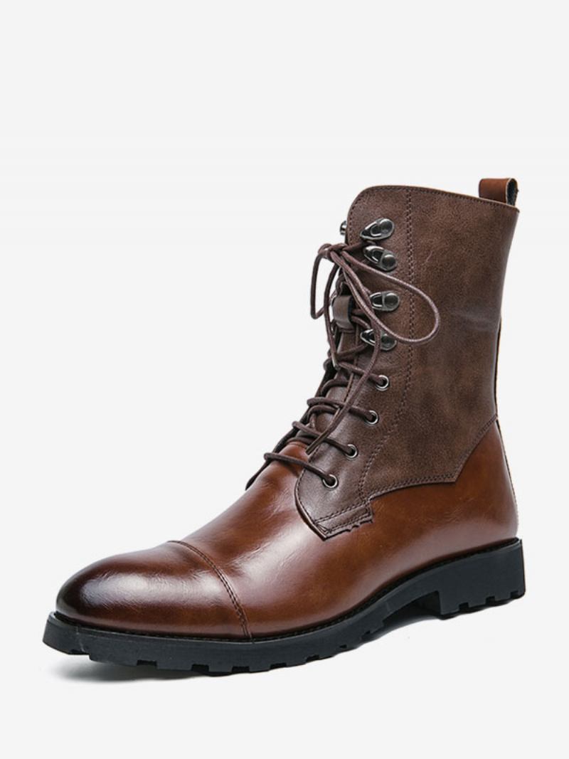 Botas Masculinas Cowboy Marrom Café Couro Pu Bico Redondo - Café Marrom