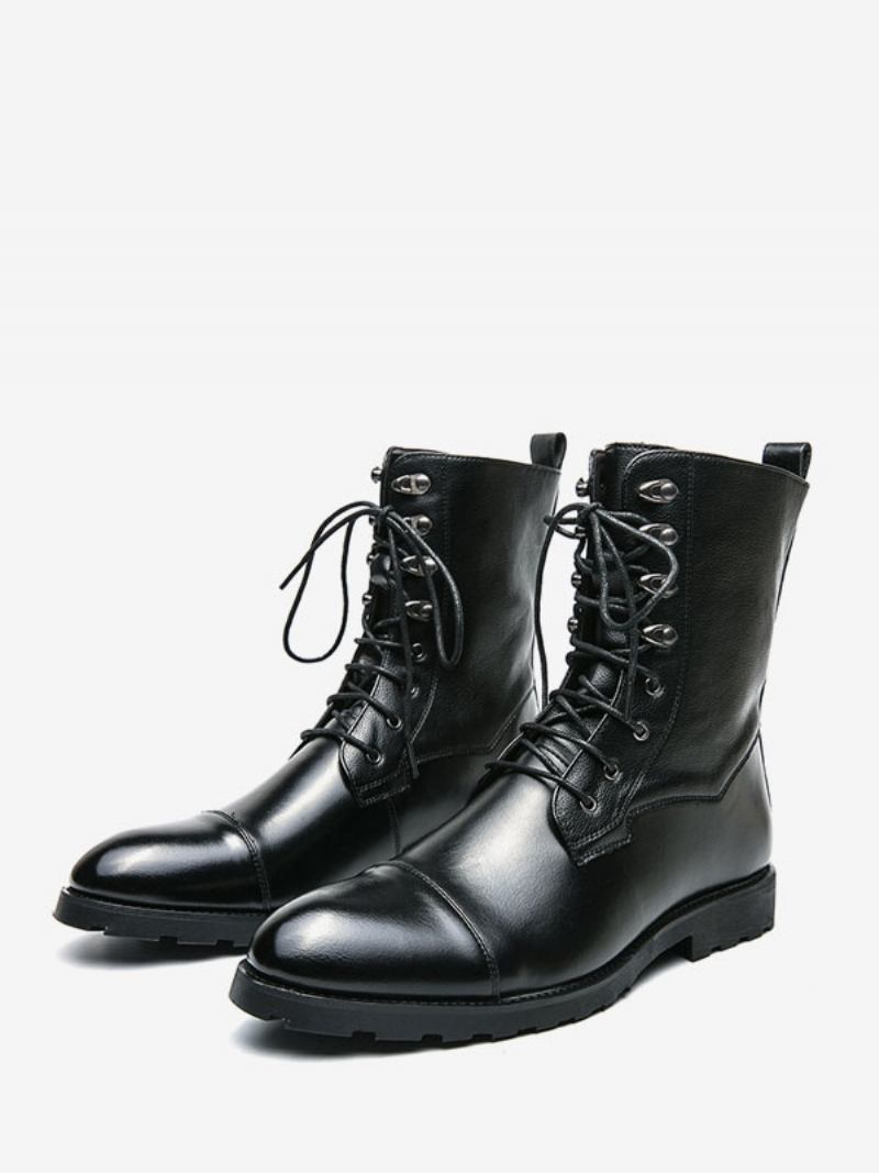 Botas Masculinas Cowboy Marrom Café Couro Pu Bico Redondo - Preto