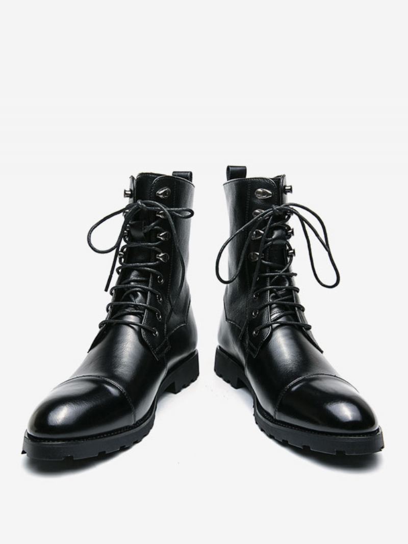 Botas Masculinas Cowboy Marrom Café Couro Pu Bico Redondo - Preto