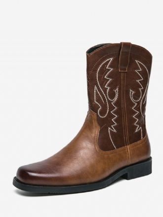 Botas Masculinas Cowboy Marrom Café Couro Pu Bico Redondo Bordado