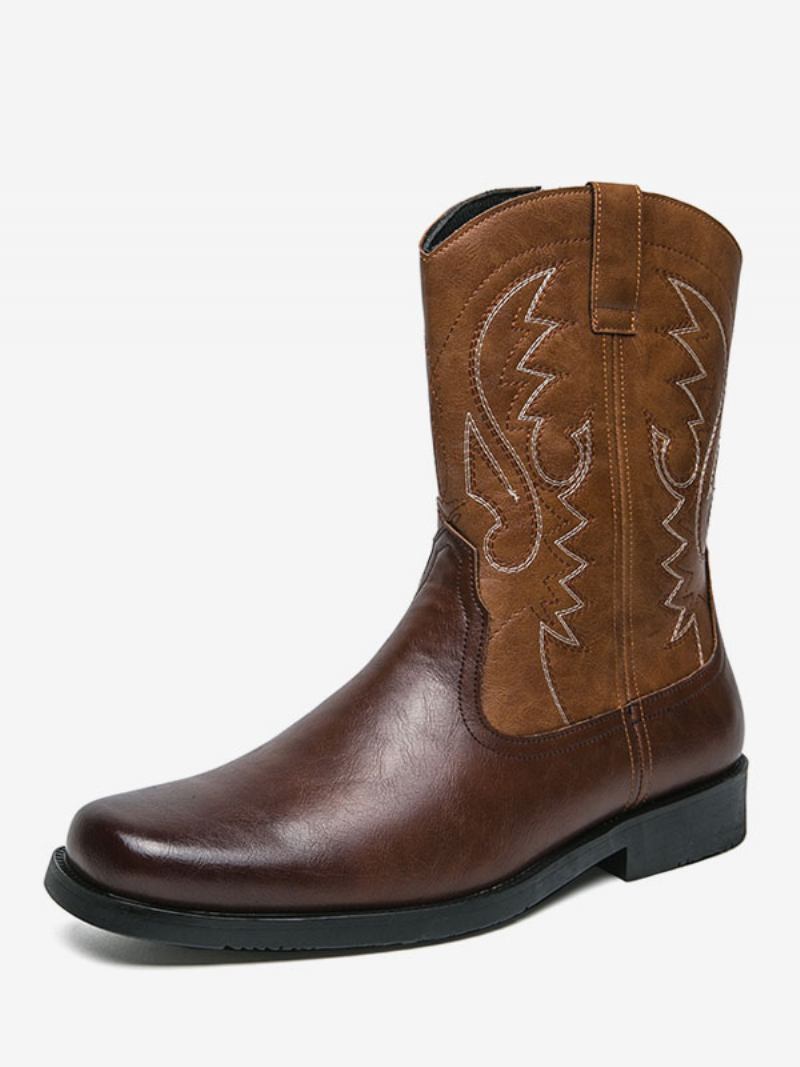 Botas Masculinas Cowboy Marrom Café Couro Pu Bico Redondo Bordado -  Marrom Profundo 