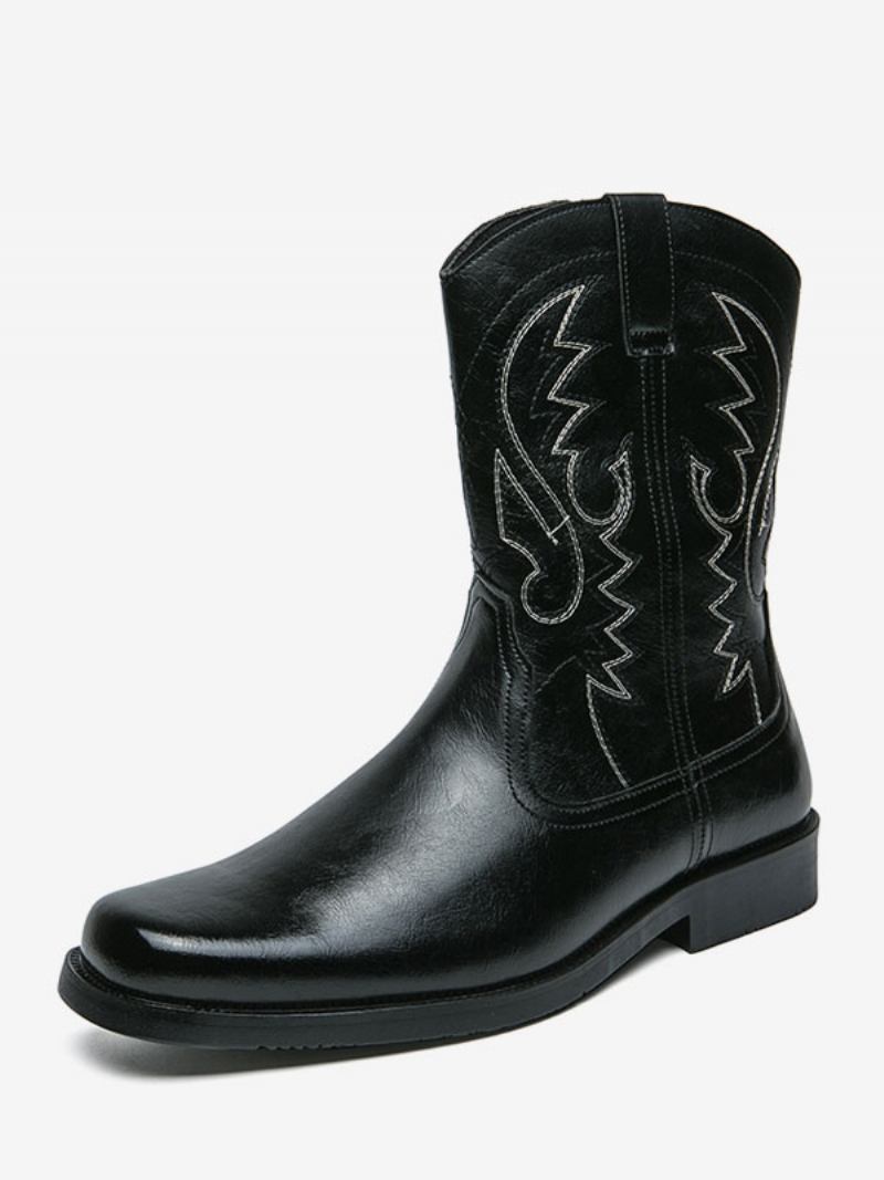 Botas Masculinas Cowboy Marrom Café Couro Pu Bico Redondo Bordado -  Preto