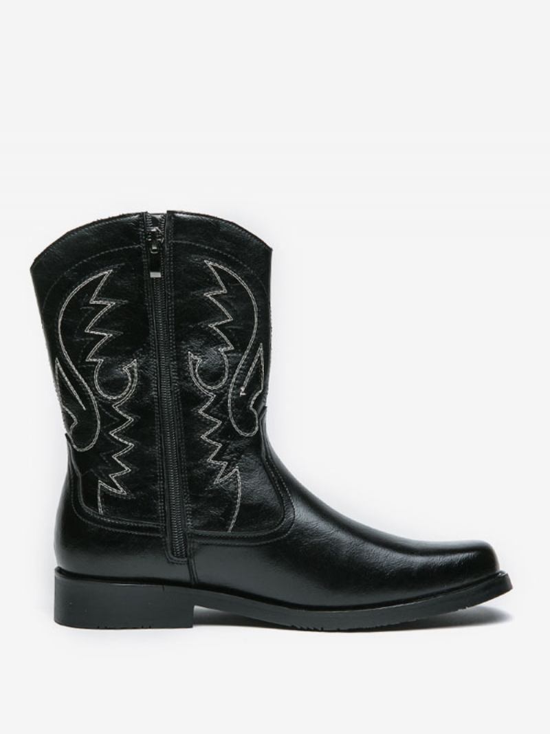 Botas Masculinas Cowboy Marrom Café Couro Pu Bico Redondo Bordado -  Preto