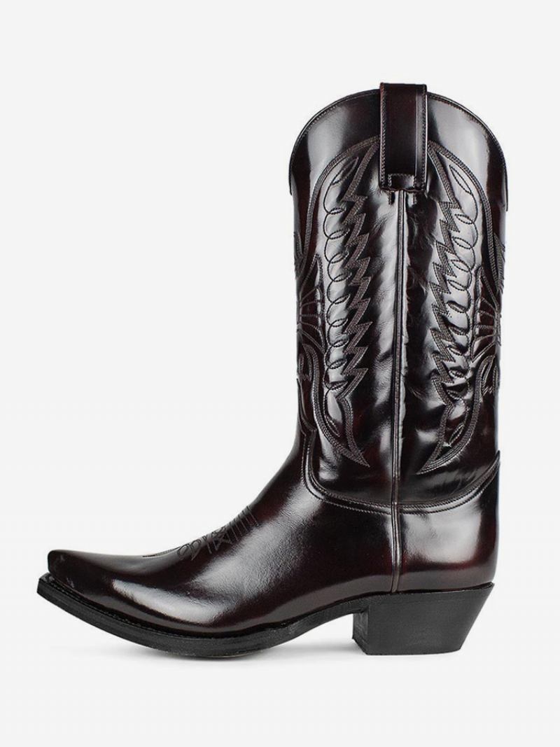 Botas Masculinas Cowboy Marrom Profundo Couro Pu Bico Fino Meia Panturrilha