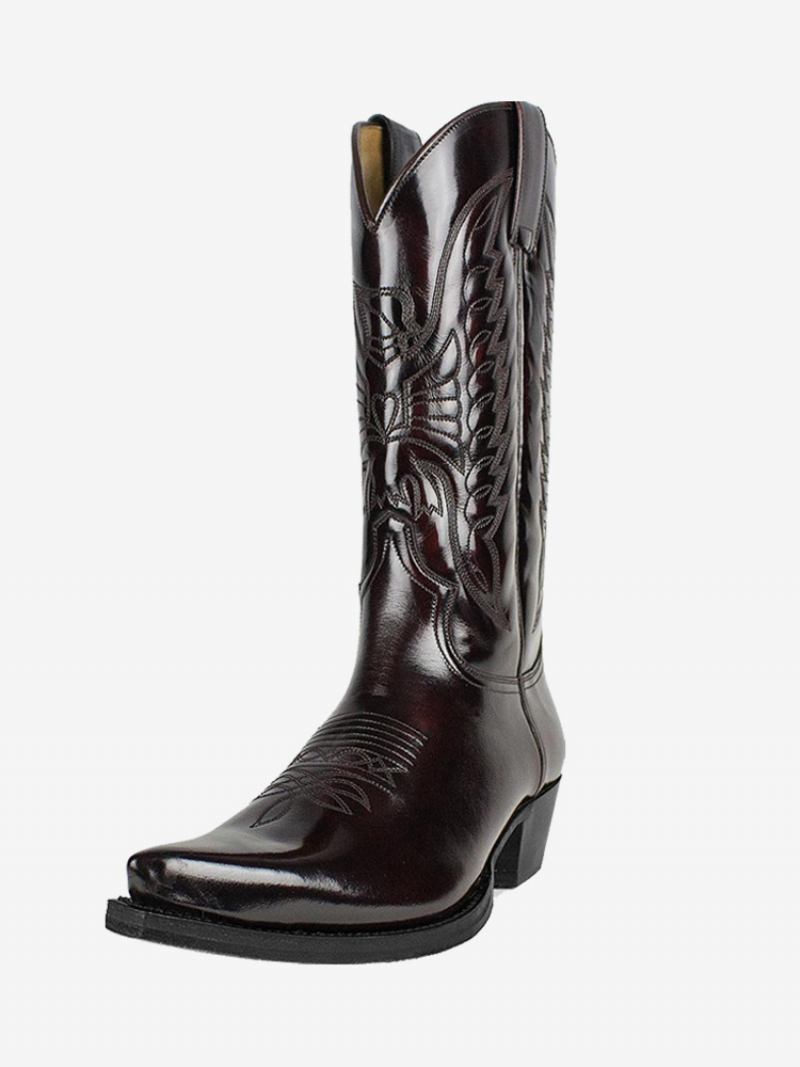 Botas Masculinas Cowboy Marrom Profundo Couro Pu Bico Fino Meia Panturrilha - Castanho Profundo