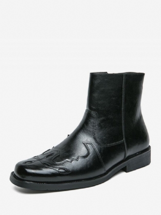 Botas Masculinas Cowboy Pretas Couro Pu Bico Redondo Bordado