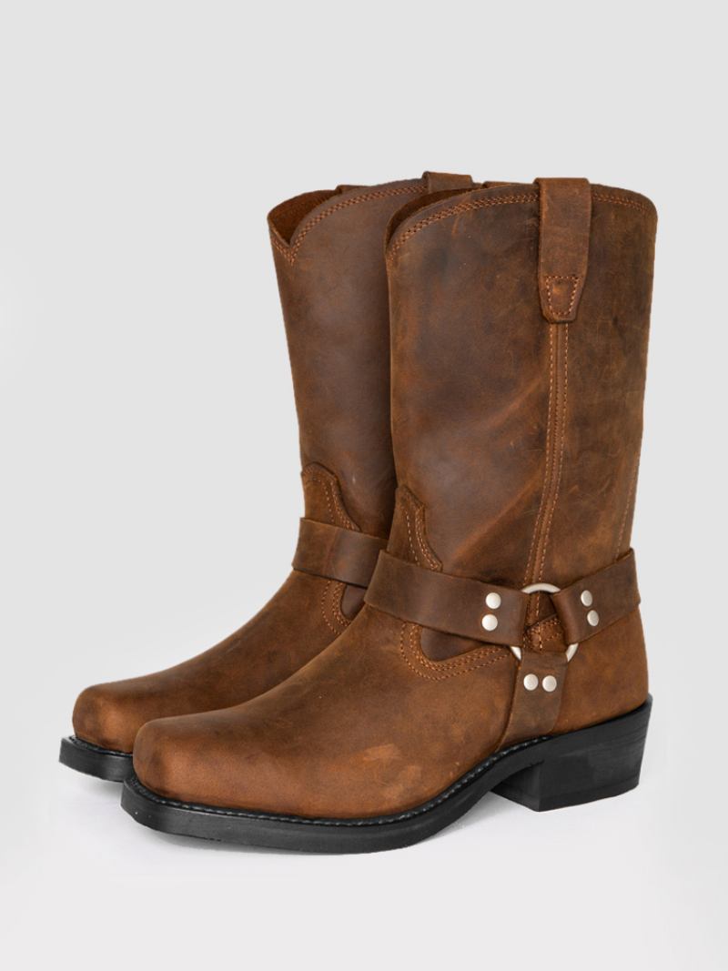 Botas Masculinas Cowboy Pretas Couro Pu Com Bico Quadrado E Cano Médio - Café Marrom