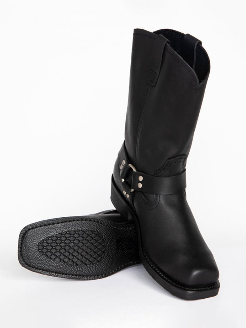 Botas Masculinas Cowboy Pretas Couro Pu Com Bico Quadrado E Cano Médio - Preto