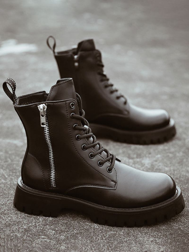 Botas Masculinas Estilo Motocicleta Em Couro Pu Preto Com Bico Redondo E Zíper - Preto