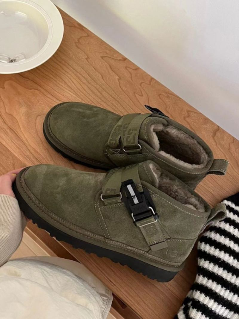 Botas Masculinas Inverno Com Detalhe Fivela Camurça E Bico Redondo Neve Para Tornozelo - Azeitona