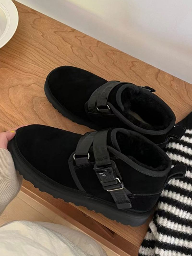 Botas Masculinas Inverno Com Detalhe Fivela Camurça E Bico Redondo Neve Para Tornozelo - Preto