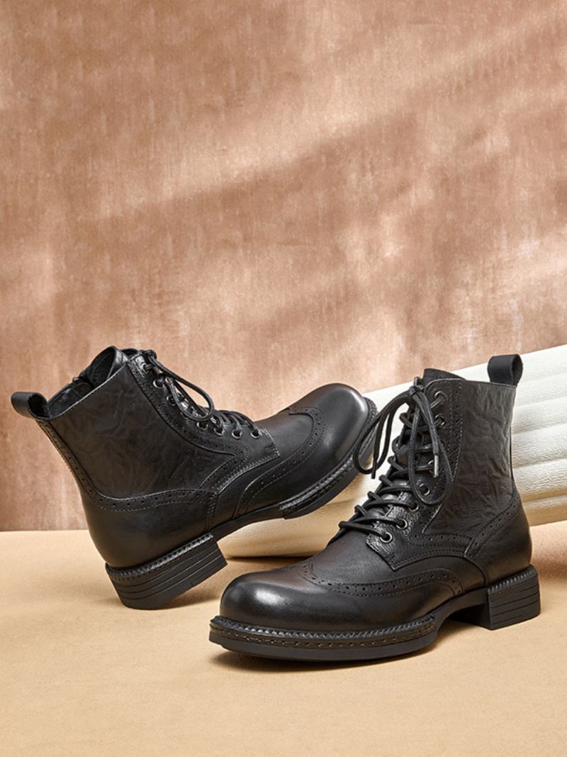 Botas Masculinas Martin Brogue Business Casual Retro Café Marrom Cowhiede Dedo Redondo -  Preto