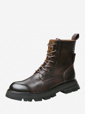 Botas Masculinas Martin Retrô Britânicas Cano Alto Couro Bovino Preto Bico Redondo Com Cadarço Curtas