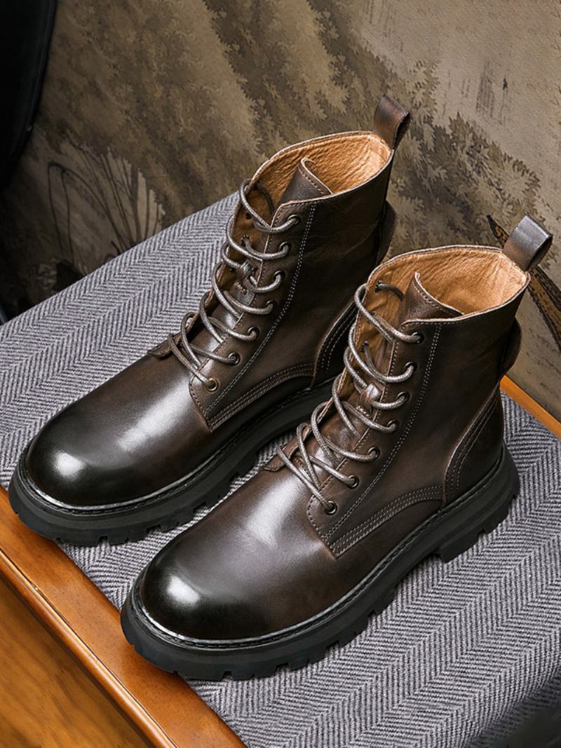 Botas Masculinas Martin Retrô Britânicas Cano Alto Couro Bovino Preto Bico Redondo Com Cadarço Curtas - Castanho