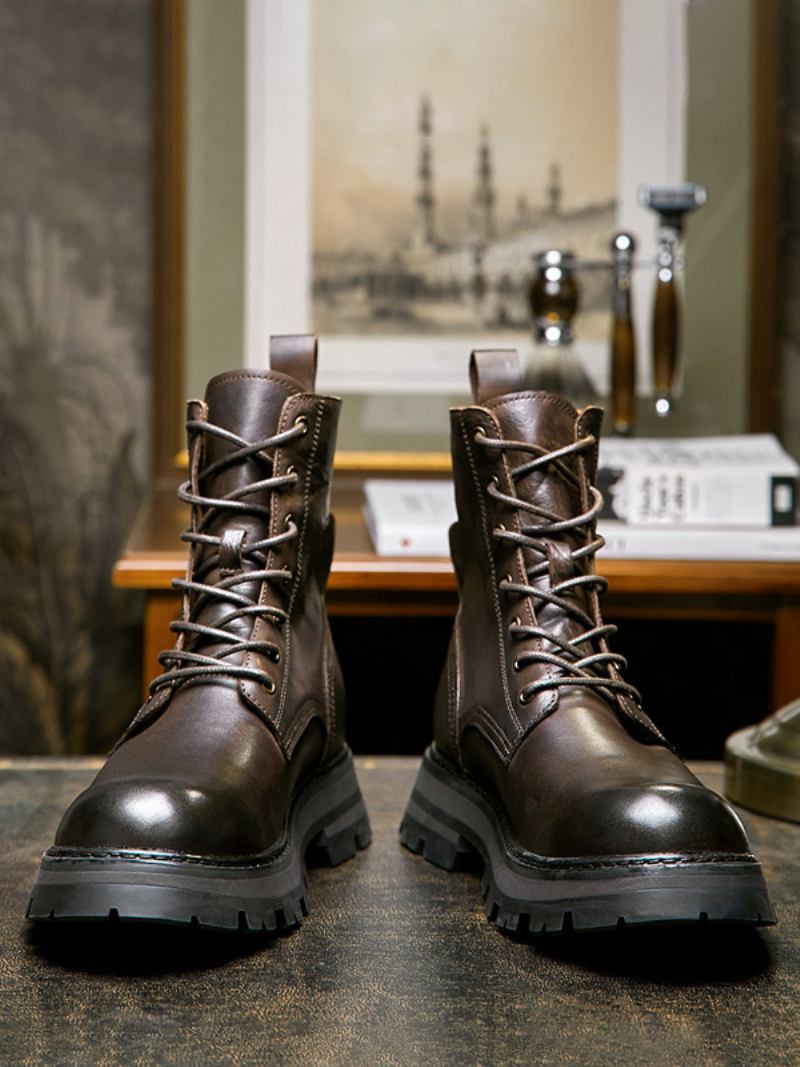 Botas Masculinas Martin Retrô Britânicas Cano Alto Couro Bovino Preto Bico Redondo Com Cadarço Curtas - Castanho