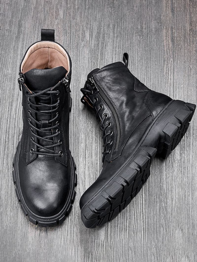 Botas Masculinas Martin Retrô Britânicas Cano Alto Couro Bovino Preto Bico Redondo Com Cadarço Curtas - Preto