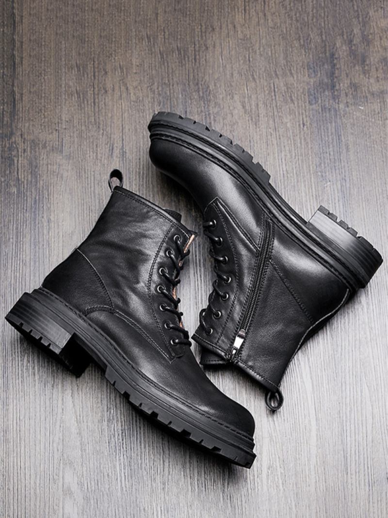 Botas Masculinas Martin Retrô Britânicas Cano Alto Couro Bovino Preto Bico Redondo Com Cadarço Curtas - Preto