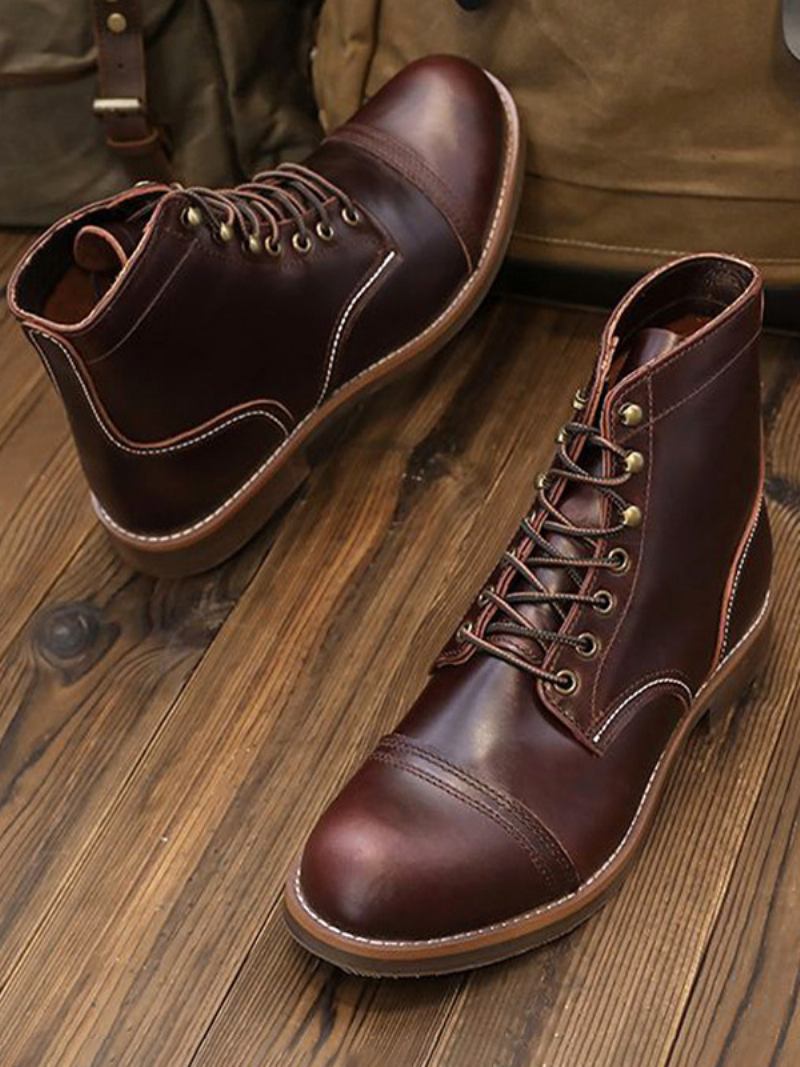 Botas Masculinas Martin Work Para Motocicleta Couro Bovino Marrom Profundo Bico Redondo Combate -  Marrom Profundo 