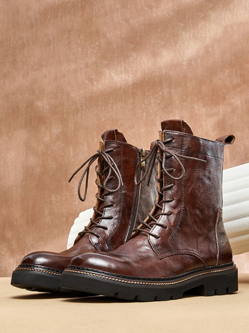 Botas Masculinas Motocicleta Martin British Retro Cano Alto Trabalho Preto Couro Bovino Redondo Combate - Café Marrom