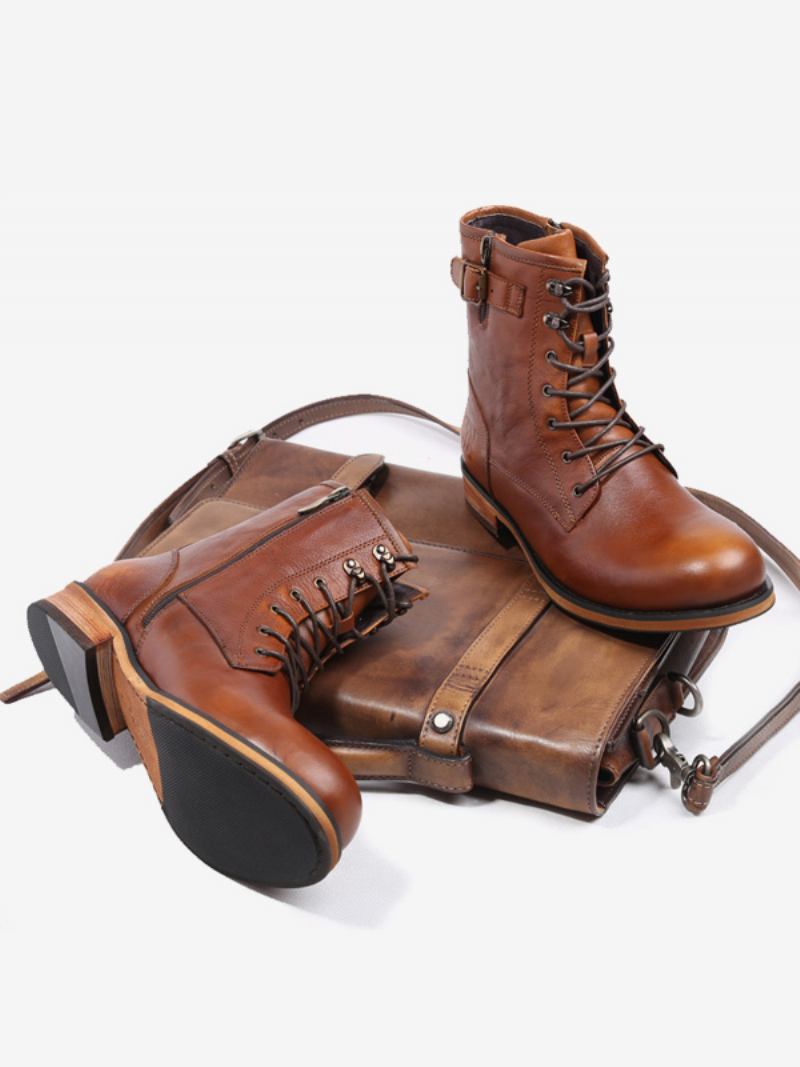 Botas Masculinas Para Motocicleta Couro Bovino Marrom Profundo Bico Redondo Combate - Marrom Profundo