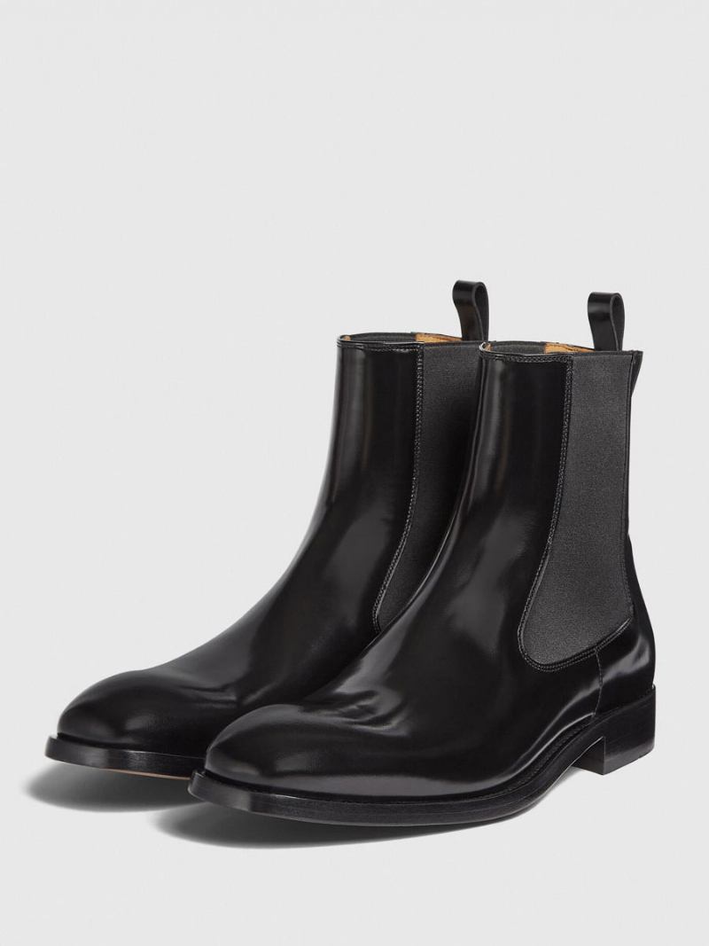 Botas Masculinas Pretas Couro Bovino Com Bico Quadrado Chelsea