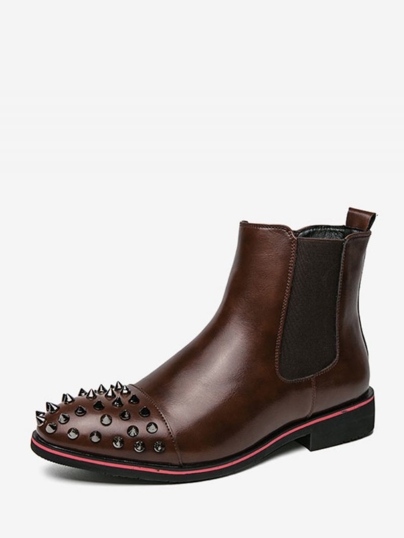 Botas Masculinas Pretas Couro Pu Com Bico Redondo E Rebites Chelsea - Café Marrom