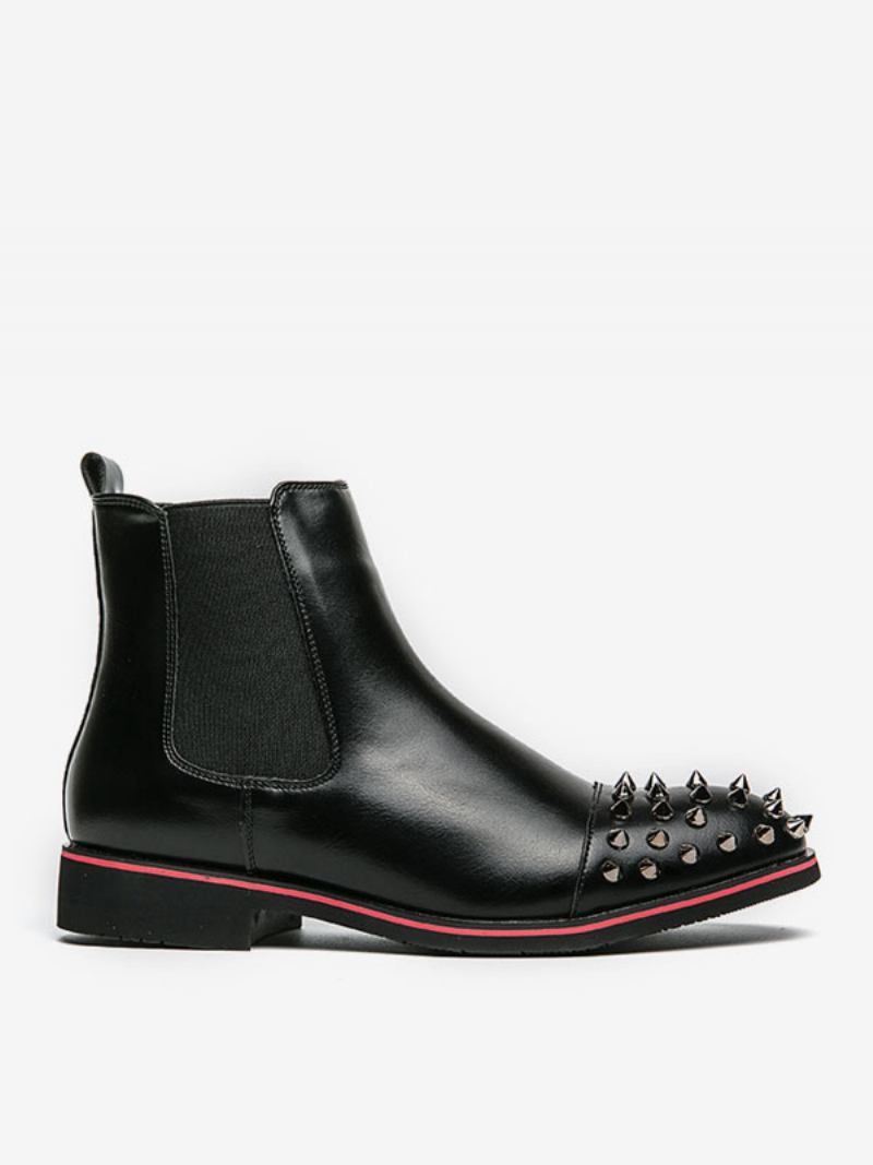 Botas Masculinas Pretas Couro Pu Com Bico Redondo E Rebites Chelsea - Preto