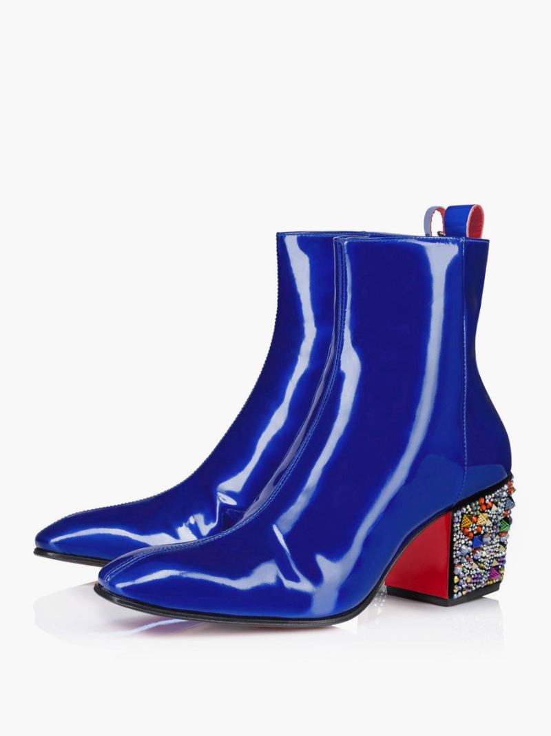 Botas Masculinas Tornozelo Azul Quadrado Com Strass E Salto Alto Para Festa Baile