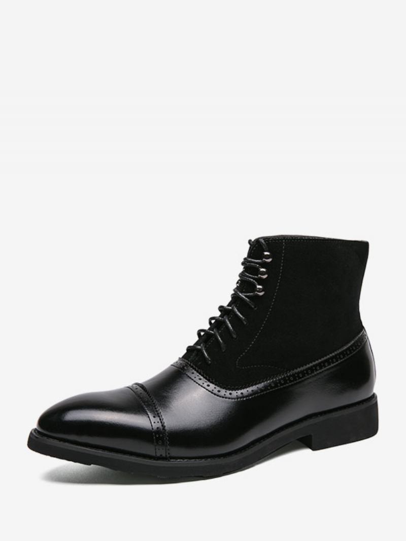 Botas Masculinas Trabalho Combate Couro Pu Com Bico Redondo - Preto