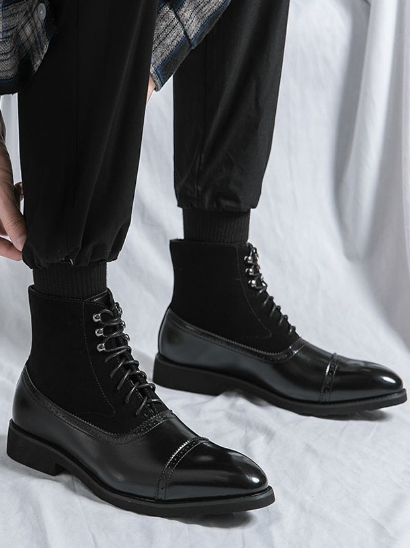 Botas Masculinas Trabalho Combate Couro Pu Com Bico Redondo - Preto