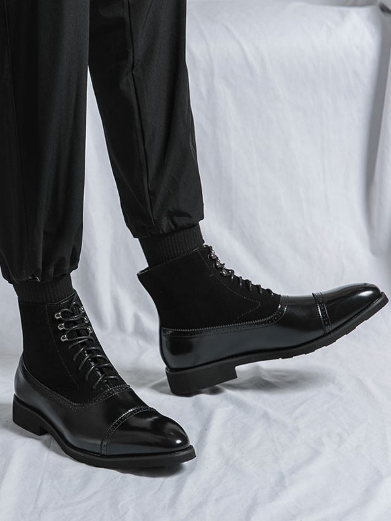 Botas Masculinas Trabalho Combate Couro Pu Com Bico Redondo - Preto