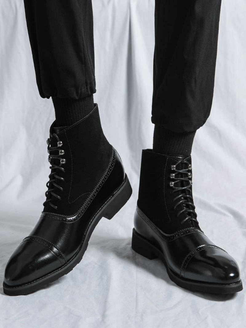 Botas Masculinas Trabalho Combate Couro Pu Com Bico Redondo - Preto