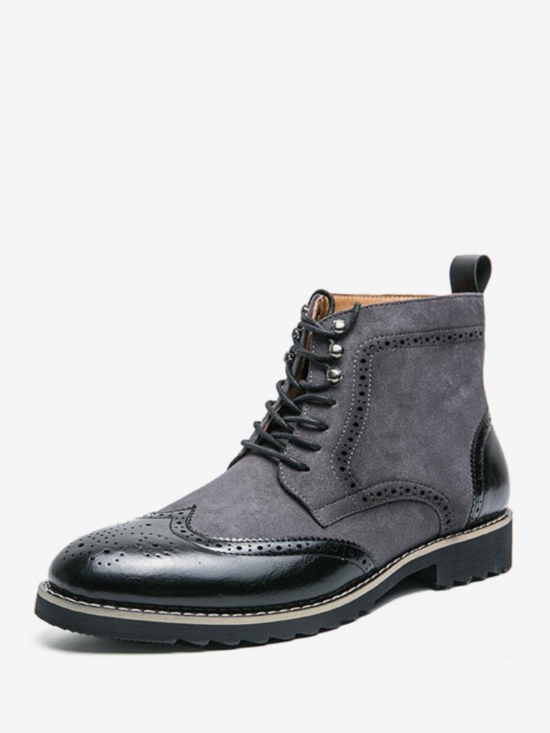 Botas Masculinas Trabalho Combate Couro Pu Com Bico Redondo - Preto