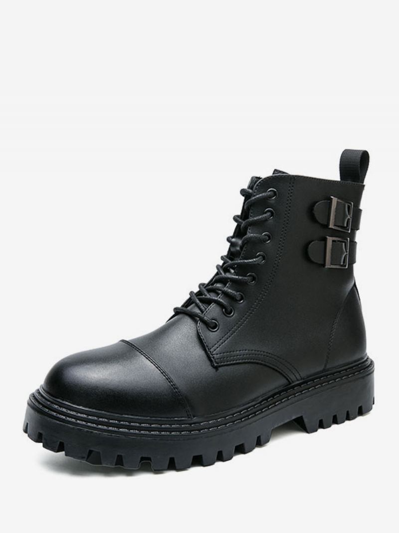 Botas Masculinas Trabalho Combate Couro Pu Com Bico Redondo - Preto