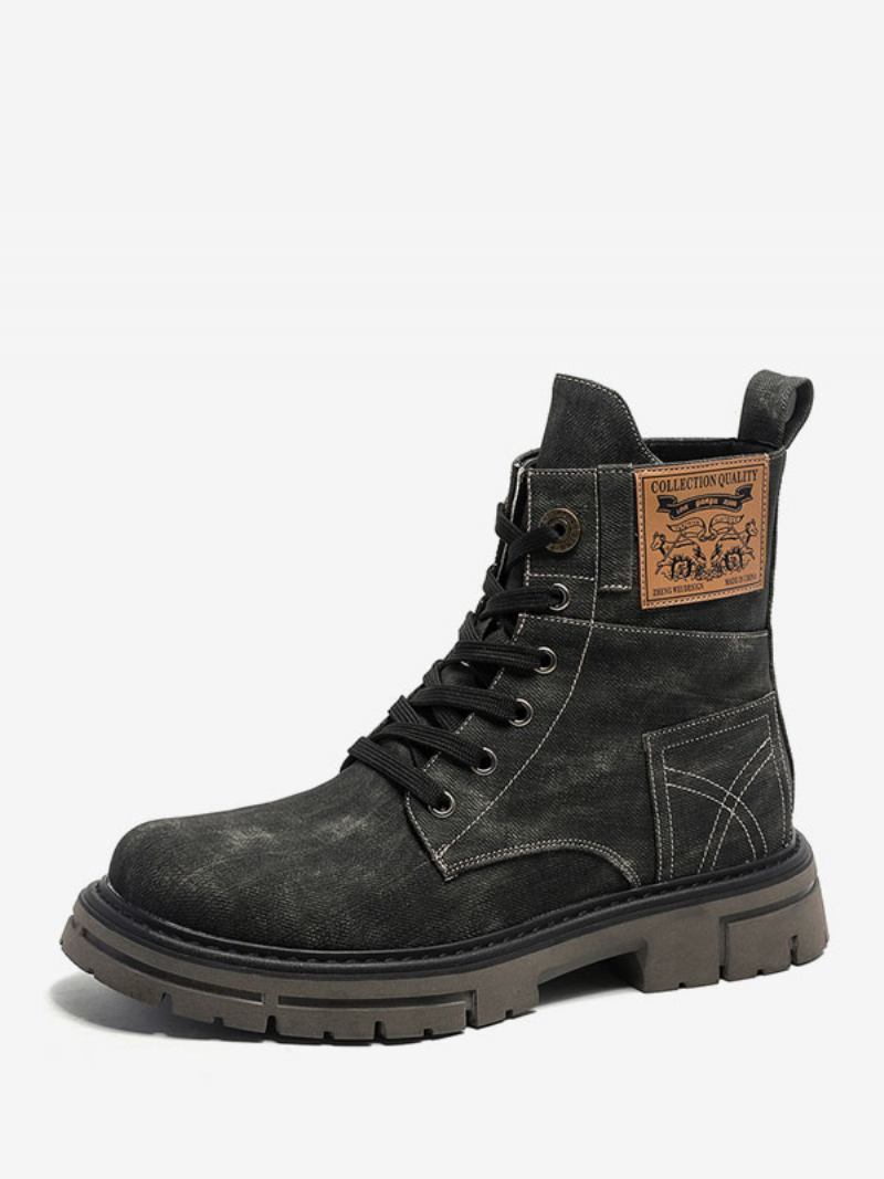 Botas Masculinas Trabalho Combate Couro Pu Com Bico Redondo - Preto